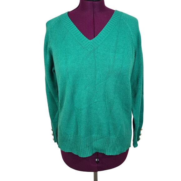 Women's Lilly Pulitzer Green V-Neck Sweater Gold Button Accents | Size Medium - Picture 1 of 12